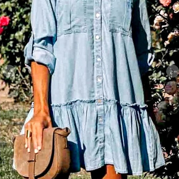 M Light Blue Mazik Button Down Distressed Denim Shirt Dress/Tunic 100% Cotton - Picture 2 of 16